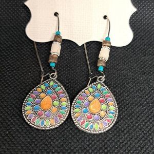 Silver Tone Colorful Boho Leaf Drop Earrings - NWOT